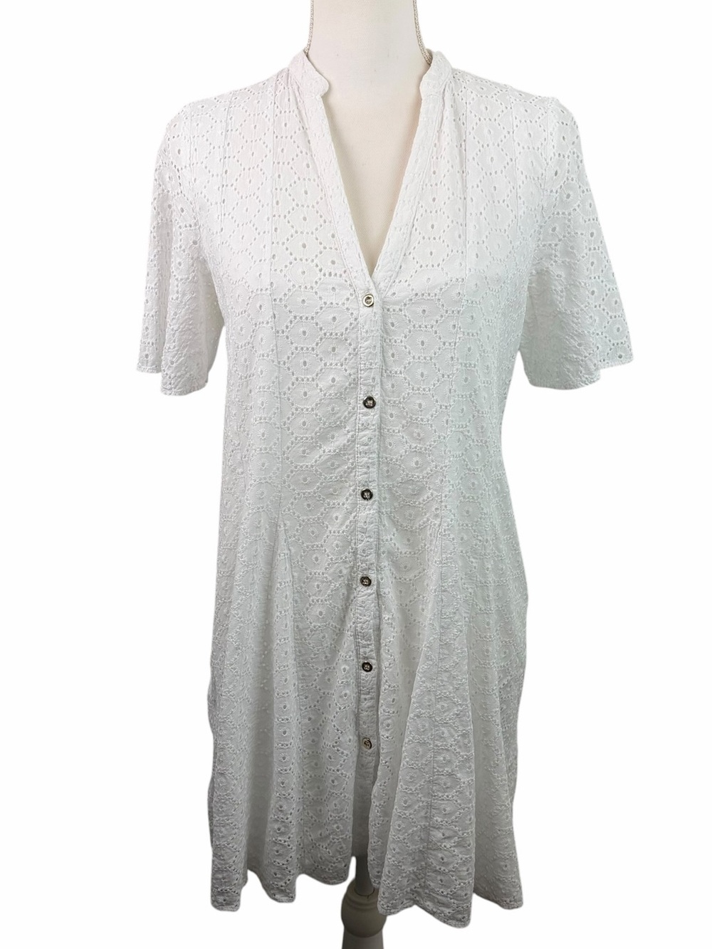 Zara | White Eyelet Gold Button V Neck Mini Dress